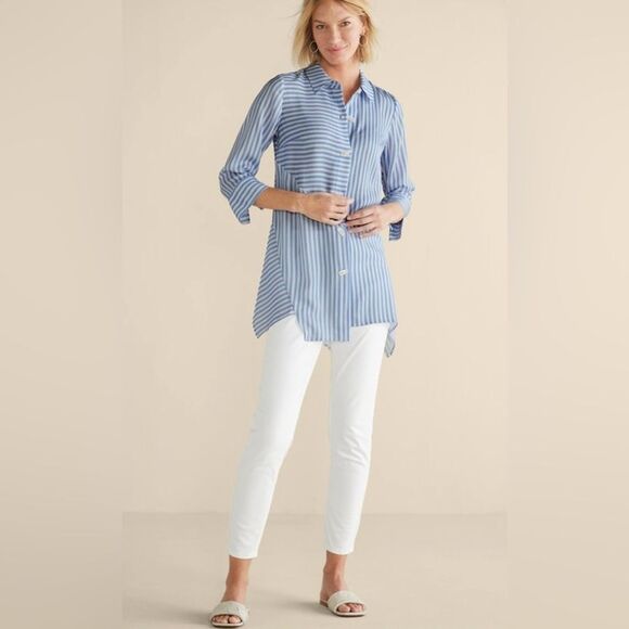 Soft Surroundings 1X On Pointe Palace Blue White Striped Button Details Tunic - Picture 4 of 16